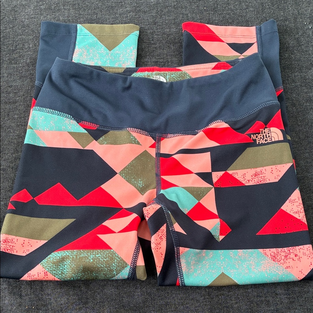 The North Face Girls' Navy Geometric Active Leggings with Coral & Aqua Accents